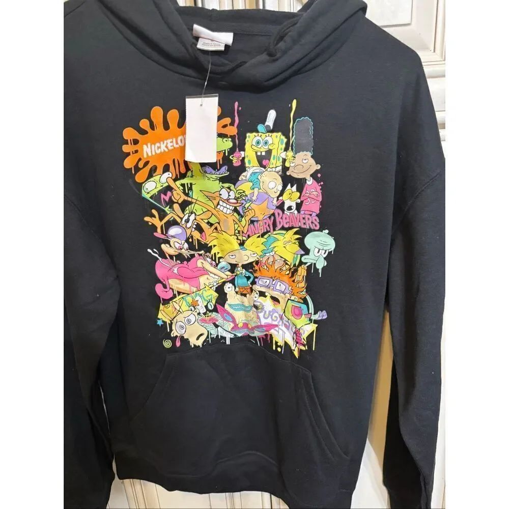 Nickelodeon Men's Mash-up Graphic Pullover Hoodie Sweatshirt Black Small NWT